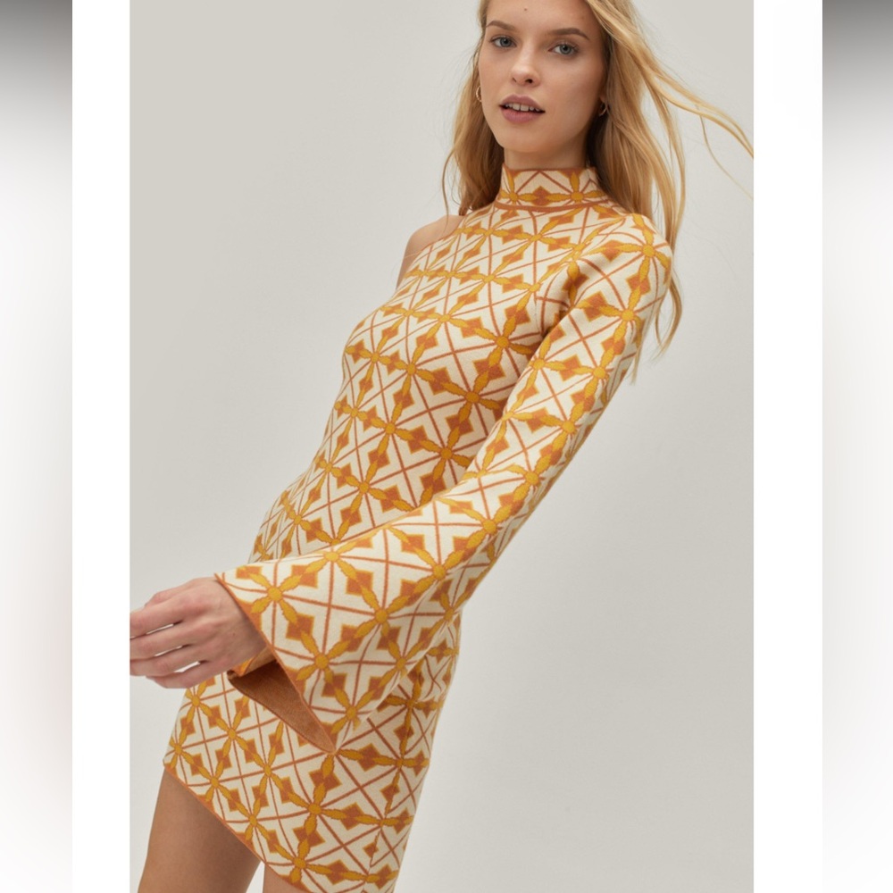 Vintage Pattern One Shoulder Knitted Mini Dress